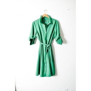 Sharagano Shirt Dress Womens 14 Green Modern Belted Roll Tab Sleeve Button Front